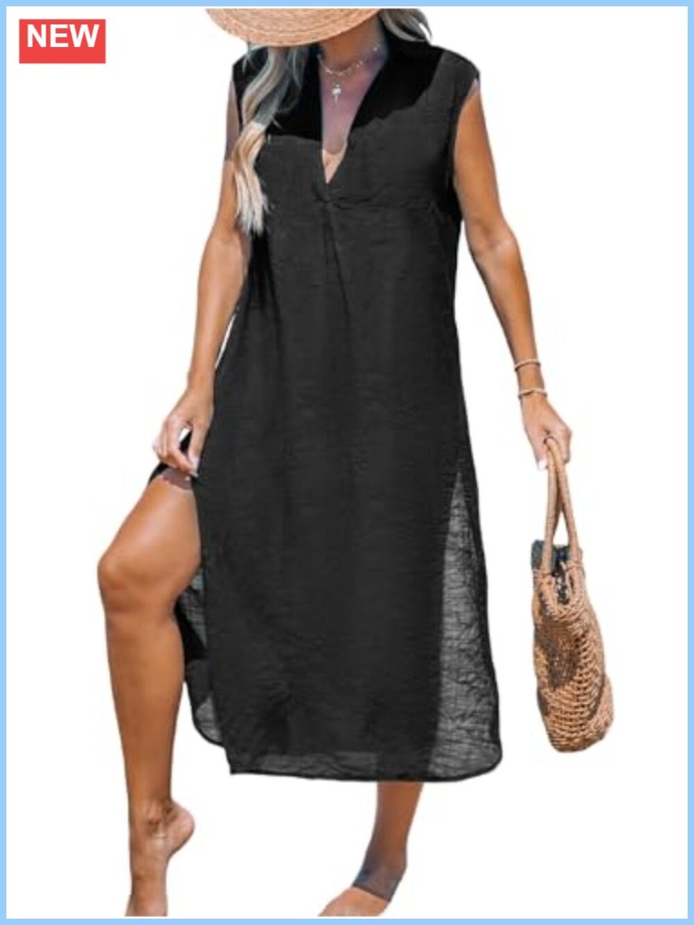 Sleeveless Midi Swimsuit Coverup V-Neck Side Split Summer Beach Dress